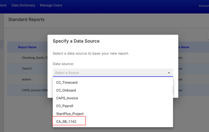 Data Source dropdown